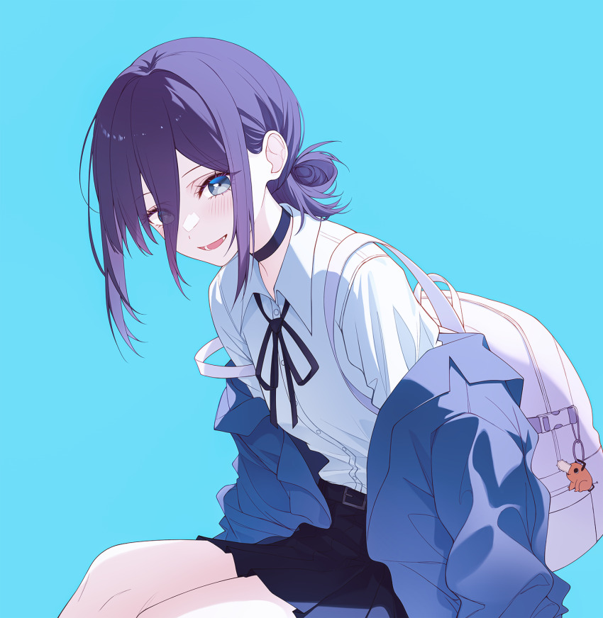 1girl aqua_background backpack bag black_choker blue_jacket blue_skirt chainsaw_man character_charm charm_(object) choker grey_eyes hair_bun highres jacket looking_at_viewer open_mouth pochita_(chainsaw_man) purple_hair reze_(chainsaw_man) shirt single_hair_bun skirt solo soyolan white_shirt