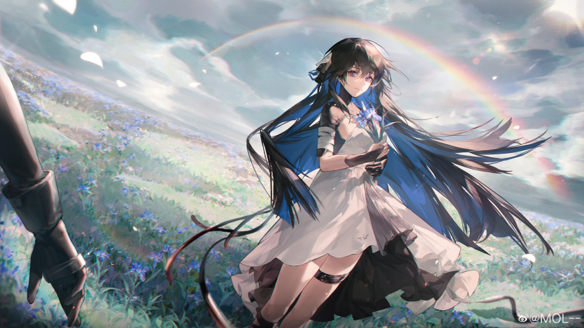 1girl absurdres black_hair blue_flower cloud cloudy_sky dress field flower flower_field grass hair_ornament highres holding holding_flower iris_(flower) long_hair looking_at_viewer mol-- multicolored_hair official_art outdoors punishing:_gray_raven rainbow selena:_capriccio_(pgr) selena_(pgr) sky smile solo sparkle thigh_strap two-tone_hair upper_body weibo_logo weibo_watermark white_dress