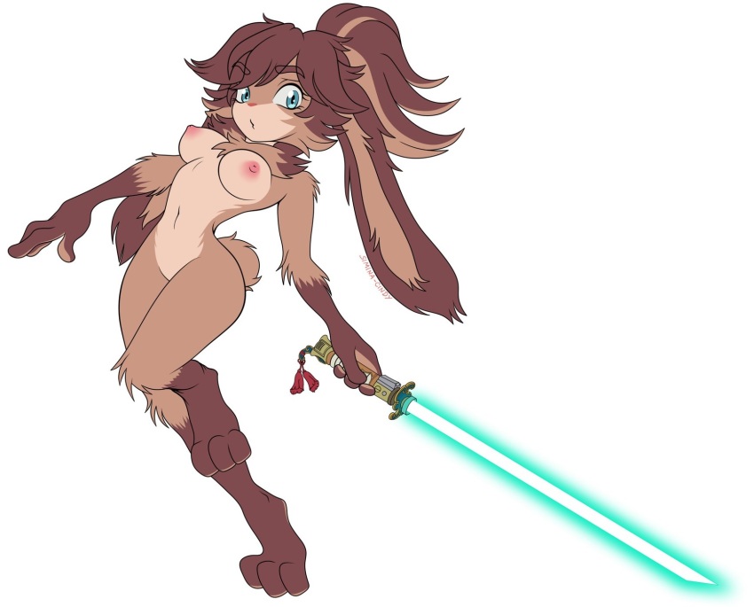 1girl blue_eyes breasts brown_hair completely_nude energy_sword furry furry_female highres lightsaber lop_(star_wars) nipples nude rabbit_ears rabbit_girl rabbit_tail star_wars star_wars:_visions sword weapon