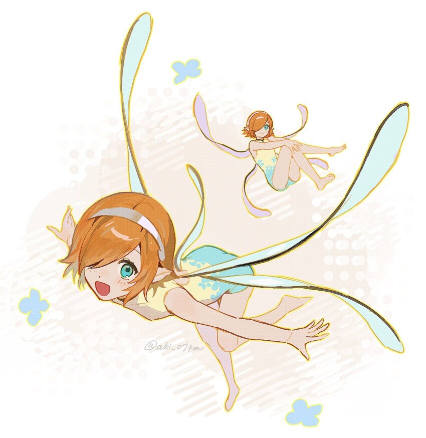 1girl abi_07km aqua_eyes barefoot blush commentary_request fairy fairy_wings gallica_(metaphor:_refantazio) hair_over_one_eye hairband highres leotard looking_at_viewer metaphor:_refantazio one_eye_covered open_mouth orange_hair pointy_ears short_hair simple_background sleeveless sleeveless_leotard smile toes twitter_username white_background wings yellow_leotard