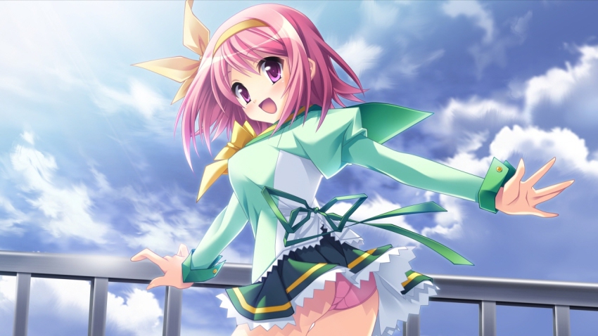 10s 1girl :d blush bow bowtie day female_focus floating_material green_serafuku hairband long_sleeves miniskirt open_mouth outdoors panties pantyshot pink_eyes pink_hair pink_panties satomi_hinako school_uniform serafuku short_hair skirt smile solo standing uesato_himari underwear upskirt yellow_bow yellow_bowtie