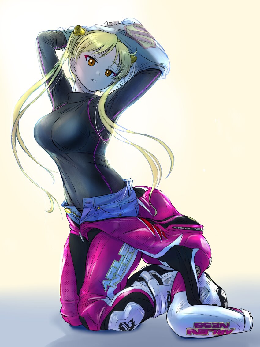 absurdres arms_up bakuon!! biker_clothes bikesuit black_bodysuit blonde_hair bodysuit brown_eyes full_body highres kneeling long_hair looking_at_viewer parted_lips sakuma_masanori skin_tight suzunoki_rin twintails undressing yellow_background