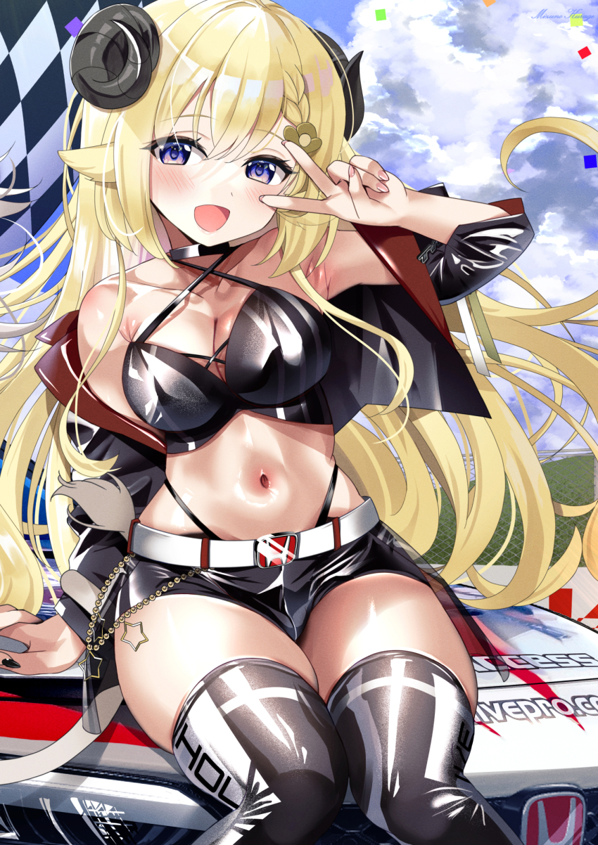 1girl belt black_thighhighs blonde_hair blush breasts car checkered_flag cleavage curled_horns flag front_zipper highleg highleg_panties highres hololive horns jacket jacket_partially_removed large_breasts long_hair looking_at_viewer midriff mizuno_kurage motor_vehicle navel on_car open_clothes open_jacket outdoors panties purple_eyes race_queen short_shorts shorts sitting smile solo thighhighs tsunomaki_watame underwear v virtual_youtuber white_belt