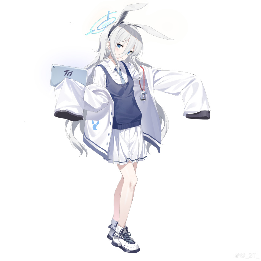 1girl 2t_(vmyz7342) absurdres animal_ears blue_eyes blue_necktie blue_vest blush collared_shirt fake_animal_ears full_body grey_hair hair_between_eyes hairband halo highres holding holding_tablet_pc id_card jacket long_hair long_sleeves looking_at_viewer necktie open_clothes open_jacket original parted_lips pleated_skirt rabbit_ears school_uniform shirt shoes simple_background skirt sleeves_past_fingers sleeves_past_wrists sneakers solo standing sweater_vest tablet_pc very_long_hair vest white_background white_footwear white_jacket white_shirt white_skirt