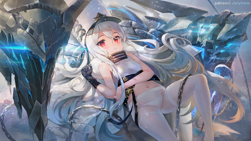 1girl aged_down azur_lane black_gloves blush breasts gloves hair_between_eyes hat high_collar highres janyhero long_hair looking_at_viewer lying military_hat on_back pantyhose red_eyes silver_hair solo sovetskaya_rossiya_(azur_lane) very_long_hair white_pantyhose