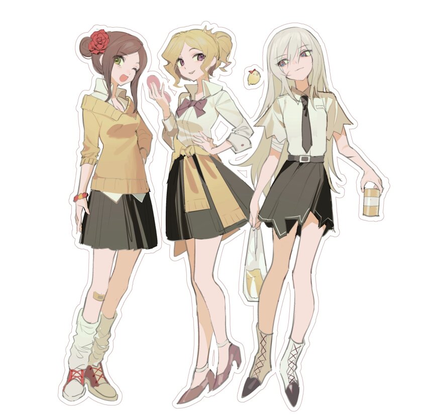 3girls axis_powers_hetalia bag belt black_skirt blonde_hair boots bracelet breasts brown_hair crown drink flower france_(hetalia) full_body genderswap genderswap_(mtf) green_eyes hair_bun hair_flower hair_ornament hand_on_own_hip highres holding holding_bag holding_compact holding_drink jewelry kaminai404 looking_at_viewer loose_socks medium_breasts mini_crown multiple_girls neck_ribbon necktie one_eye_closed pleated_skirt prussia_(hetalia) purple_eyes ribbon school_uniform shirt shoes short_sleeves simple_background single_hair_bun skirt smile sneakers socks spain_(hetalia) standing sweater updo white_background white_hair white_shirt