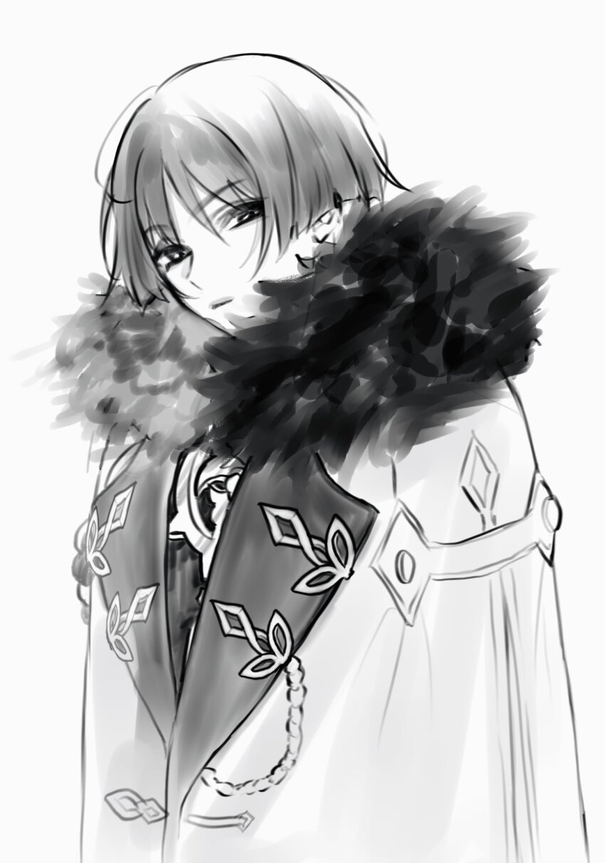 1boy blunt_ends coat expressionless fur_collar genshin_impact highres looking_at_viewer male_focus mitsudomoe_(shape) monochrome parted_bangs scaramouche_(genshin_impact) solo tomoe_(symbol) uragoi