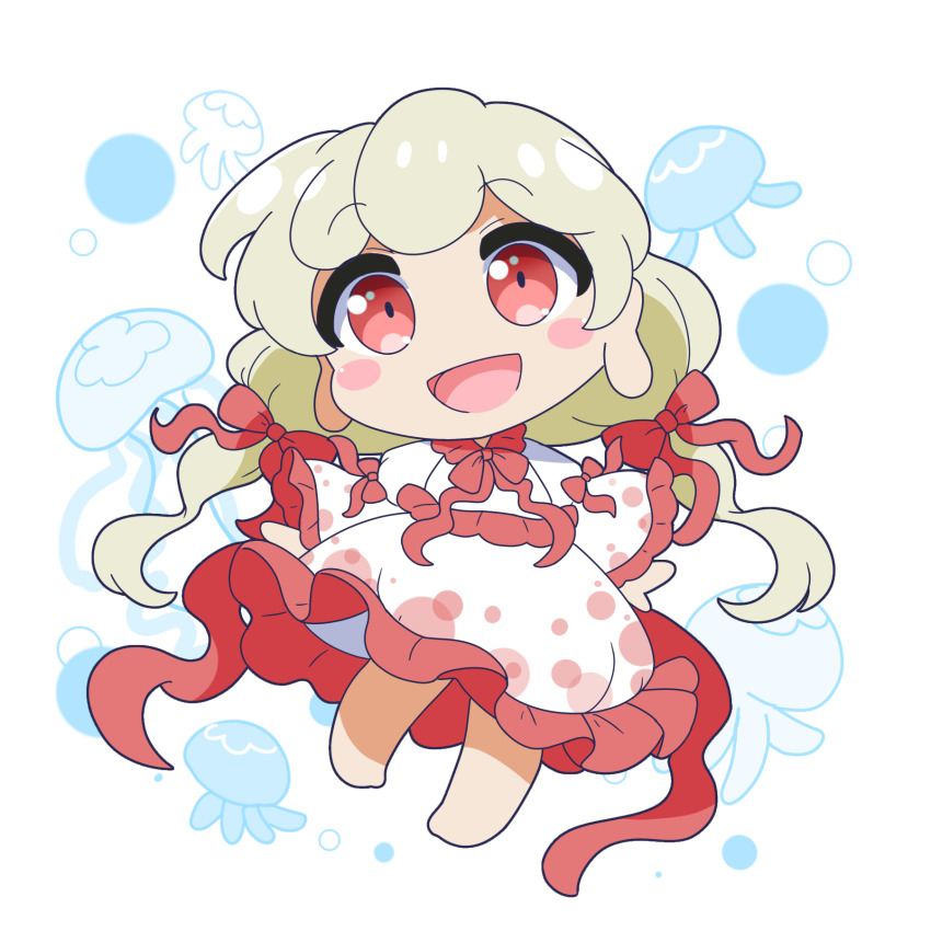 1girl :d barefoot blush_stickers bow collared_shirt commentary_request ebisu_eika frilled_shirt frilled_skirt frilled_sleeves frills full_body green_hair hair_bow highres jellyfish long_earlobes long_hair long_sleeves looking_at_viewer open_mouth red_bow red_eyes rizleting shirt skirt skirt_set sleeve_bow smile solo touhou white_shirt white_skirt