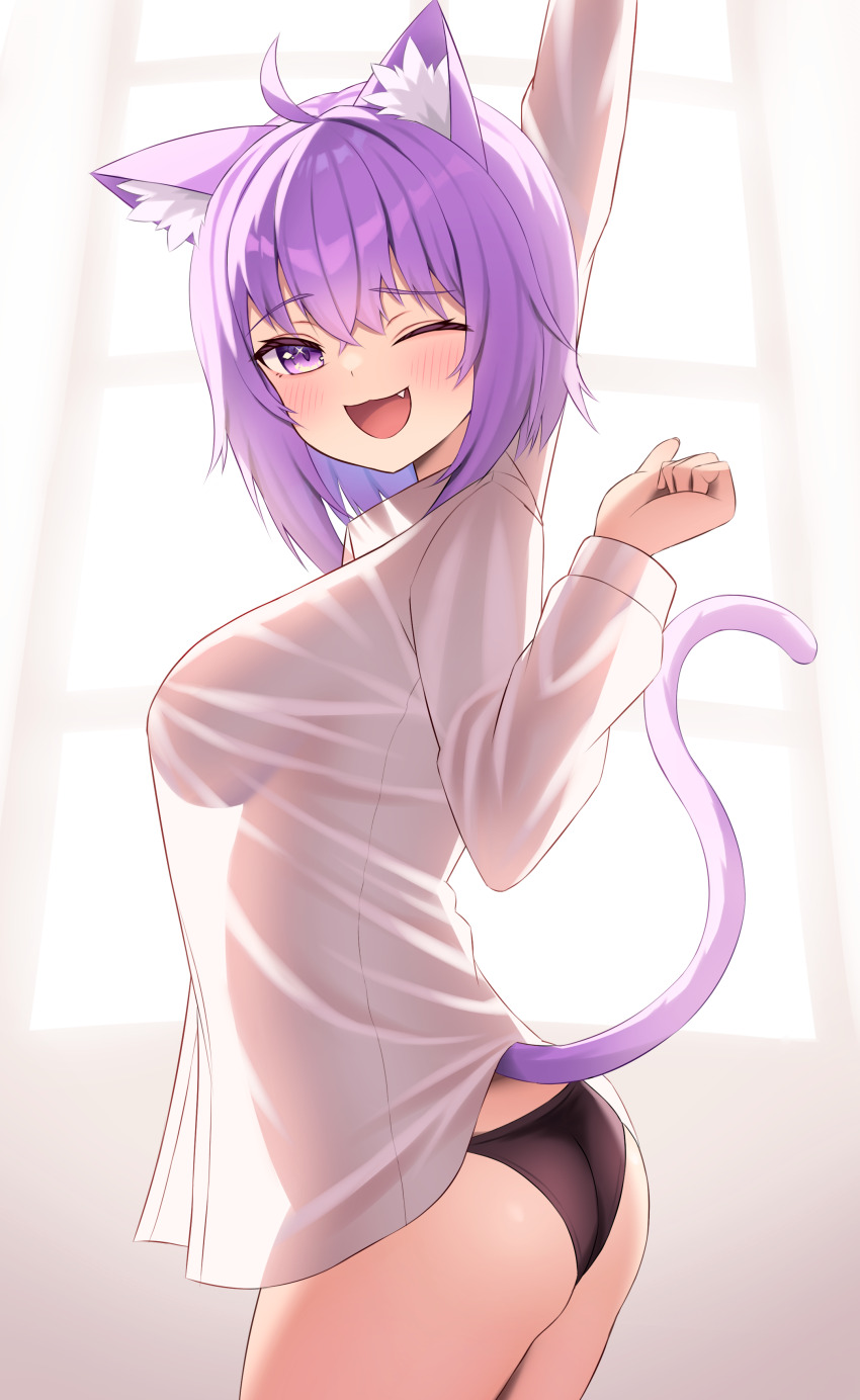 1girl absurdres ahoge animal_ear_fluff animal_ears ass black_panties blush breasts cat_ears cat_girl cat_tail fang highres hololive kumoru_(kumoru_145) large_breasts looking_at_viewer medium_hair nekomata_okayu nekomata_okayu_(oversized_shirt) official_alternate_costume one_eye_closed panties see-through_clothes see-through_shirt shirt sideboob smile solo tail underwear virtual_youtuber white_shirt