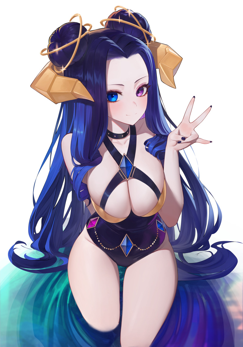 1girl absurdres black_nails blue_eyes blue_gemstone blue_hair blush breasts character_request cleavage closed_mouth commentary commission copyright_request double_bun fingernails forward_facing_horns gem gold_horns hair_bun hair_intakes hand_up hantata heterochromia highres large_breasts long_hair looking_at_viewer nail_polish purple_eyes smile solo thighs very_long_hair