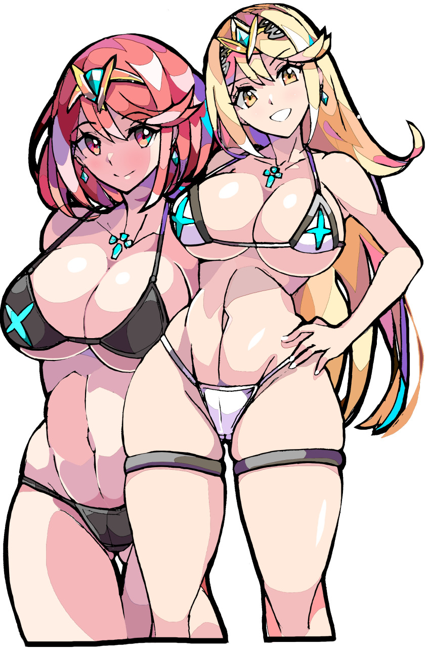 absurdres bikini blonde_hair breasts cleavage enpe gem green_background hair_ornament headpiece highres jewelry large_breasts looking_at_viewer mythra_(xenoblade) navel pyra_(xenoblade) red_eyes red_hair simple_background smile swept_bangs swimsuit teeth thigh_strap tiara tight_clothes white_background xenoblade_chronicles_(series) xenoblade_chronicles_2 yellow_eyes