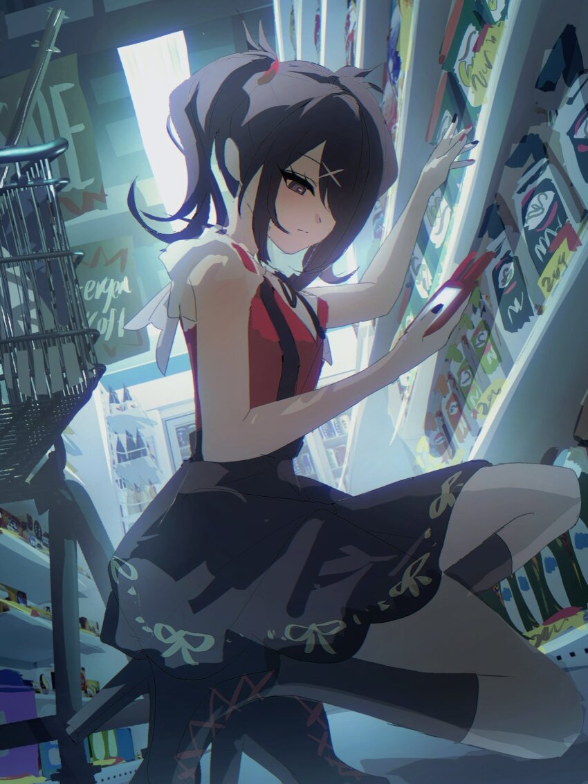 1girl ame-chan_(needy_girl_overdose) black_eyes black_footwear black_hair black_nails black_skirt black_socks cellphone hair_ornament hair_over_one_eye high-waist_skirt highres holding holding_phone junpaku_karen long_hair multicolored_nails nail_polish needy_girl_overdose phone red_nails red_shirt shirt skirt socks solo suspender_skirt suspenders twintails x_hair_ornament