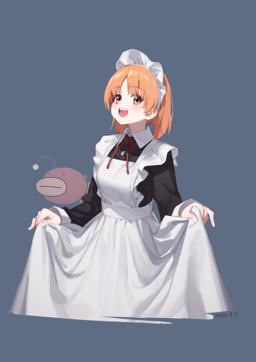 1girl absurdres anglerfish apron black_dress bow bowtie brown_eyes brown_hair clothes_lift dress emblem fish frilled_apron frills girls_und_panzer grey_background guan_312 highres long_sleeves looking_at_viewer maid maid_apron maid_headdress nishizumi_miho open_mouth orange_hair red_bow red_bowtie short_hair simple_background skirt skirt_lift smile solo white_apron