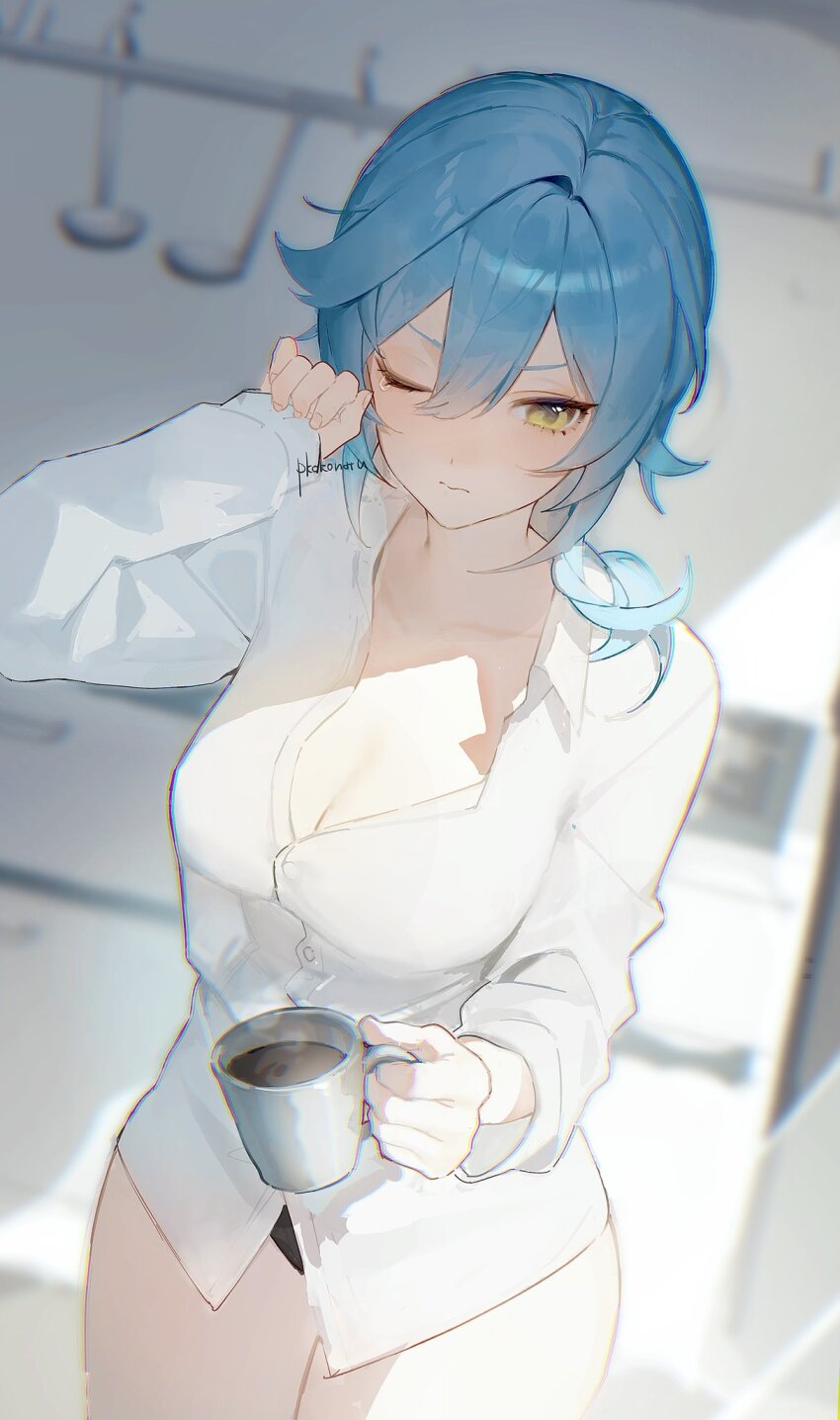 1girl artist_name black_panties blue_hair breasts cleavage closed_mouth coffee_mug cowboy_shot cup eula_(genshin_impact) genshin_impact highres holding holding_cup indoors kitchen medium_breasts medium_hair mug naked_shirt one_eye_closed panties pkokonatu shirt solo underwear white_shirt yellow_eyes