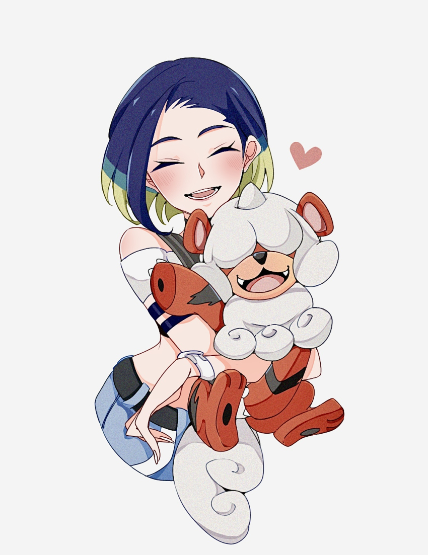 1girl animal animal_hands animal_hug armband belt black_belt blue_hair blush closed_eyes cocoa_s3 covered_eyes creatures_(company) cropped_legs fangs game_freak green_hair heart highres hisuian_growlithe nintendo open_mouth perrin_(pokemon) pokemon pokemon_(creature) pokemon_sv purple_hair short_hair simple_background smile solo white_background white_fur