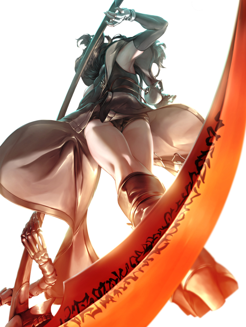 1other absurdres armpits black_footwear black_hair boots crossed_legs detached_sleeves fingerless_gloves from_behind from_below full_body gloves guilty_gear guilty_gear_strive high_heels highres holding holding_scythe holding_weapon long_hair scythe side_slit simple_background skeletal_arm skeletal_hand skull teppu_tora testament_(guilty_gear) thick_thighs thighs weapon white_background white_gloves wind wind_lift