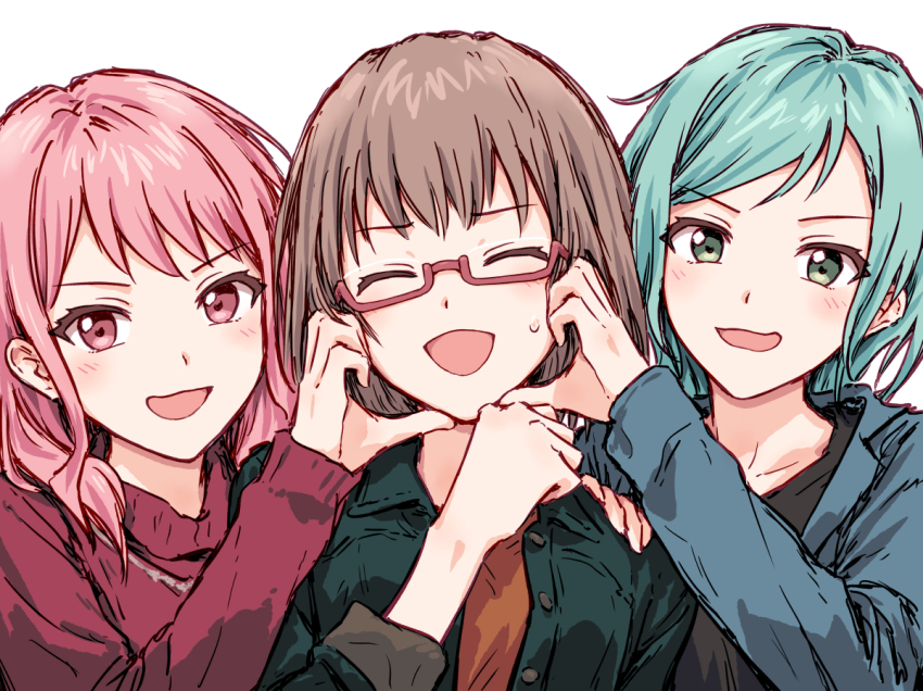 3girls :d ^_^ aqua_hair bang_dream! blue_jacket blush brown_hair bullfalk closed_eyes collarbone commentary_request girl_sandwich glasses green_eyes green_jacket half-heart_hands hand_on_another&#039;s_cheek hand_on_another&#039;s_face hikawa_hina jacket long_sleeves maruyama_aya medium_hair multiple_girls open_clothes open_jacket open_mouth orange_shirt pink_eyes pink_hair red-framed_eyewear red_sweater sandwiched semi-rimless_eyewear shirt sidelocks simple_background sleeves_past_elbows smile sweatdrop sweater swept_bangs under-rim_eyewear upper_body white_background yamato_maya