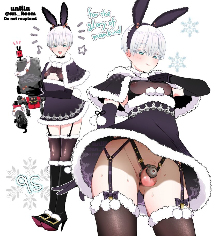 1boy 9s_(nier:automata) alternate_costume animal_ears aqua_eyes artist_name black_footwear black_gloves black_thighhighs boots capelet character_name chastity_cage closed_mouth commentary_request cowboy_shot crossdressing dress elbow_gloves english_text fake_animal_ears full_body fur-trimmed_dress fur-trimmed_legwear fur_trim garter_straps gloves gluteal_fold grey_background hand_up high_heel_boots high_heels highres holding looking_at_viewer male_focus nagano_rira nier:automata nier_(series) no_blindfold open_mouth pod_(nier:automata) puffy_chest puffy_nipples purple_capelet purple_dress rabbit_ears short_dress small_penis sweatdrop testicles thighhighs thighs trap twitter_username