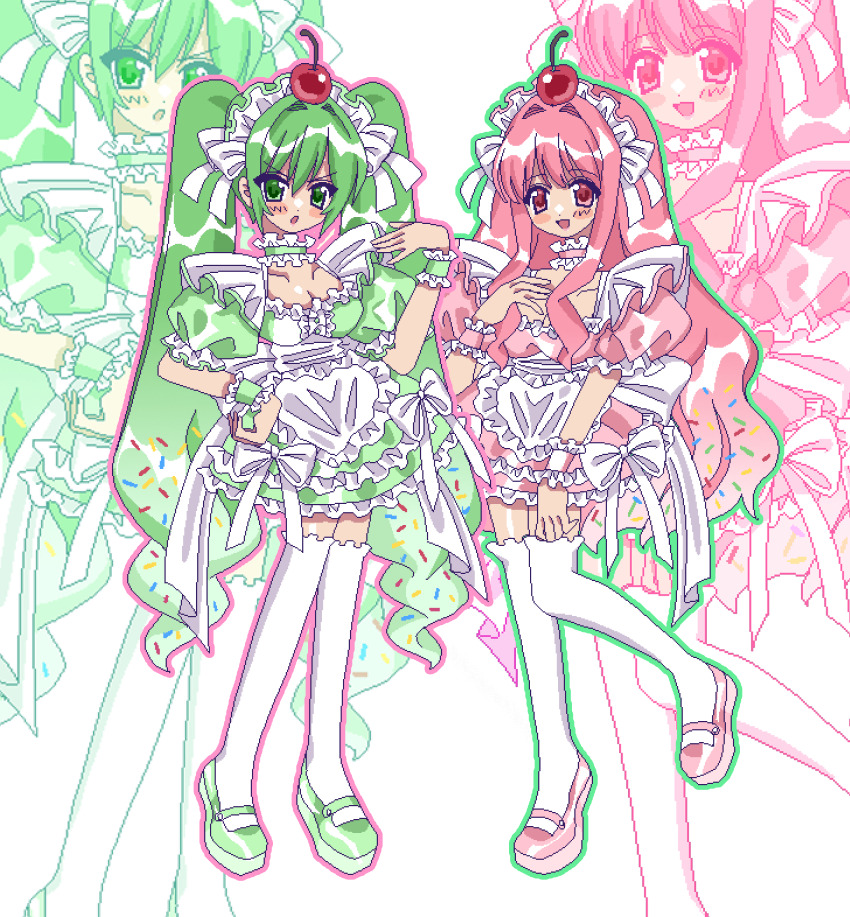 2girls :d :o amnyuixx apron blush_stickers bow cherry choker dress food food_on_head frilled_apron frilled_choker frilled_dress frilled_hairband frilled_wrist_cuffs frills fruit full_body green_choker green_dress green_eyes green_footwear green_hair green_wristband hair_bow hair_intakes hairband highres long_hair maid maid_headdress mary_janes multiple_girls object_on_head open_mouth original pink_choker pink_dress pink_eyes pink_footwear pink_hair pink_wrist_cuffs pixel_art shoes smile sprinkles thighhighs v-shaped_eyebrows very_long_hair white_apron white_bow white_choker white_dress white_thighhighs white_wrist_cuffs wrist_cuffs