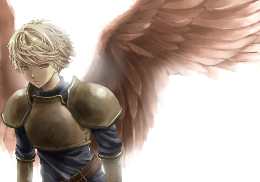 1boy armor backlighting belt blonde_hair buckle expressionless feathered_wings kaiko_(loftdip) live_a_live male_focus oersted pauldrons red_eyes shoulder_armor simple_background solo spoilers wings