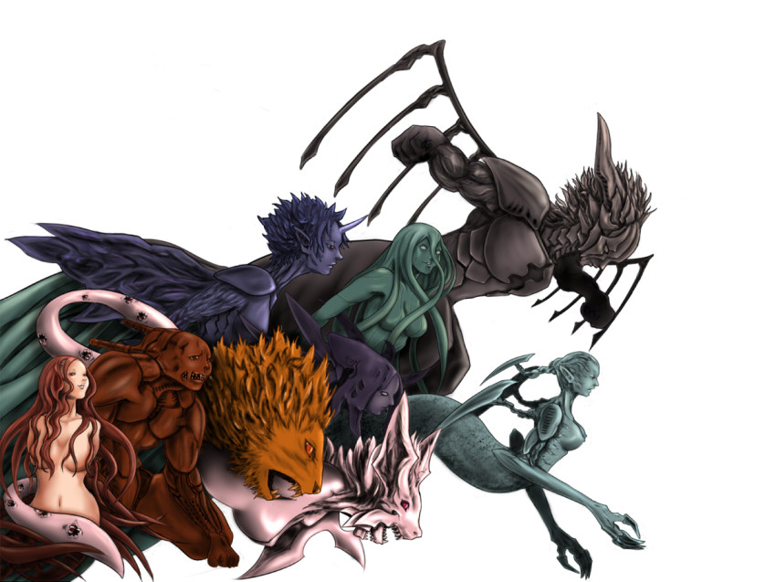 agatha alicia_(claymore) armor breasts brown_hair claws claymore_(series) dauf fangs fur horns isley long_hair luciela monster ophelia priscilla_(claymore) red_eyes riful rigardo scales simple_background single_horn tail teeth white_background wings ynreport