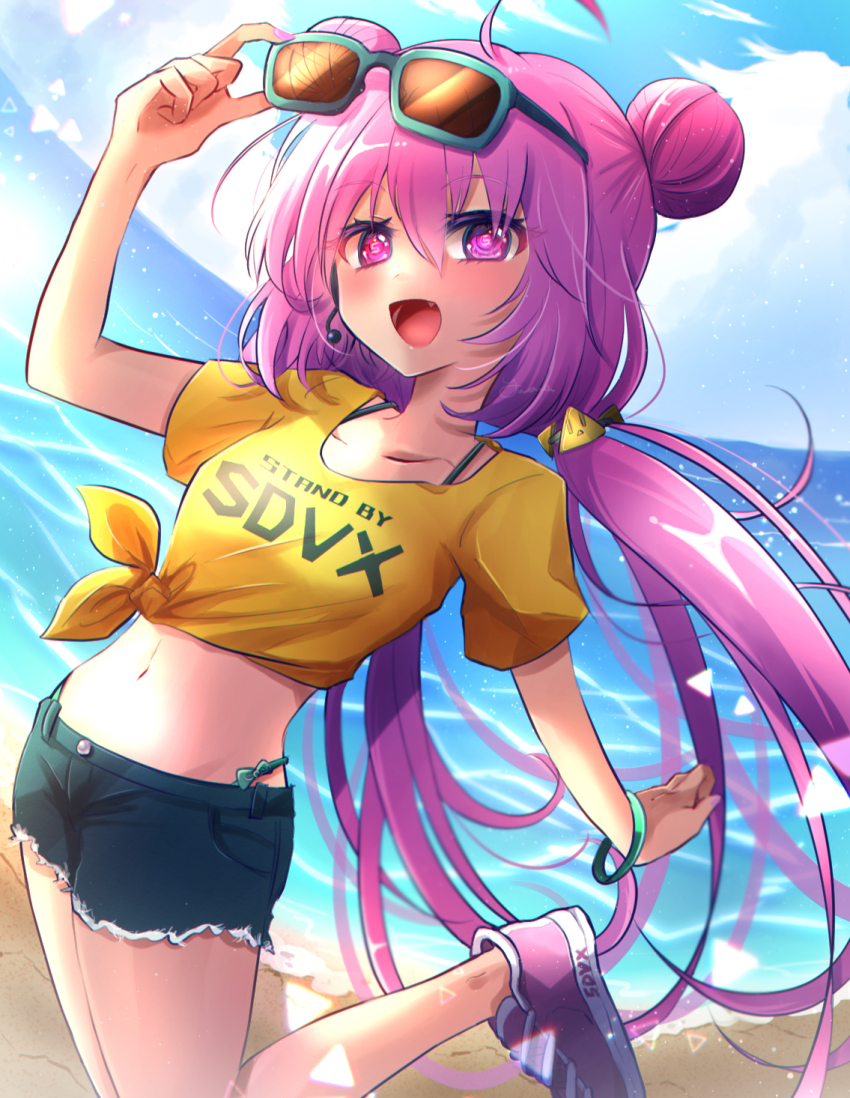 1girl :d adjusting_eyewear ahoge bemani blush breasts clothes_writing denim denim_shorts front-tie_top grace_(sound_voltex) green_panties hair_between_eyes hair_bun highres long_hair looking_at_viewer low_twintails midriff navel open_mouth panties pink_eyes pink_hair shirt shoes shorts small_breasts smile sneakers sound_voltex sound_voltex_iii_gravity_wars standing standing_on_one_leg sunglasses_on_head t-shirt twintails underwear yamora yellow_shirt yumebuki