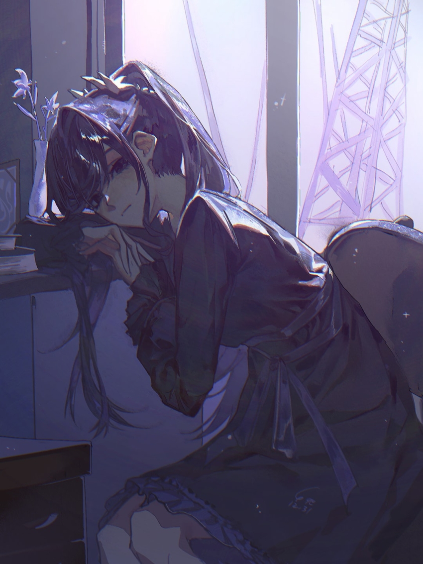 1girl alariess asahina_mafuyu black_dress blue_hair blue_ribbon chinese_commentary chromatic_aberration closed_mouth commentary_request dress expressionless frilled_sleeves frills highres indoors light_particles long_hair long_sleeves on_chair project_sekai ribbon sitting solo transmission_tower vase window