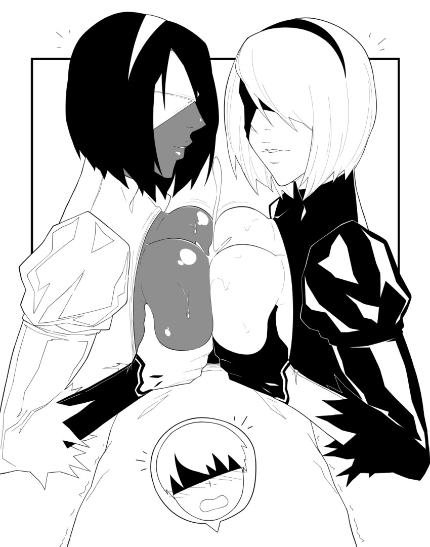 1boy 2girls blindfold blush breasts breasts_out cum dark_skin dual_persona elbow_gloves gloves hairband hetero highres juliet_sleeves khexxi large_breasts long_sleeves monochrome multiple_girls cooperative_paizuri nier_(series) nier:automata paizuri parted_lips pov puffy_sleeves short_hair sketch 2b_(nier:automata) 2p_(nier:automata) 9s_(nier:automata)