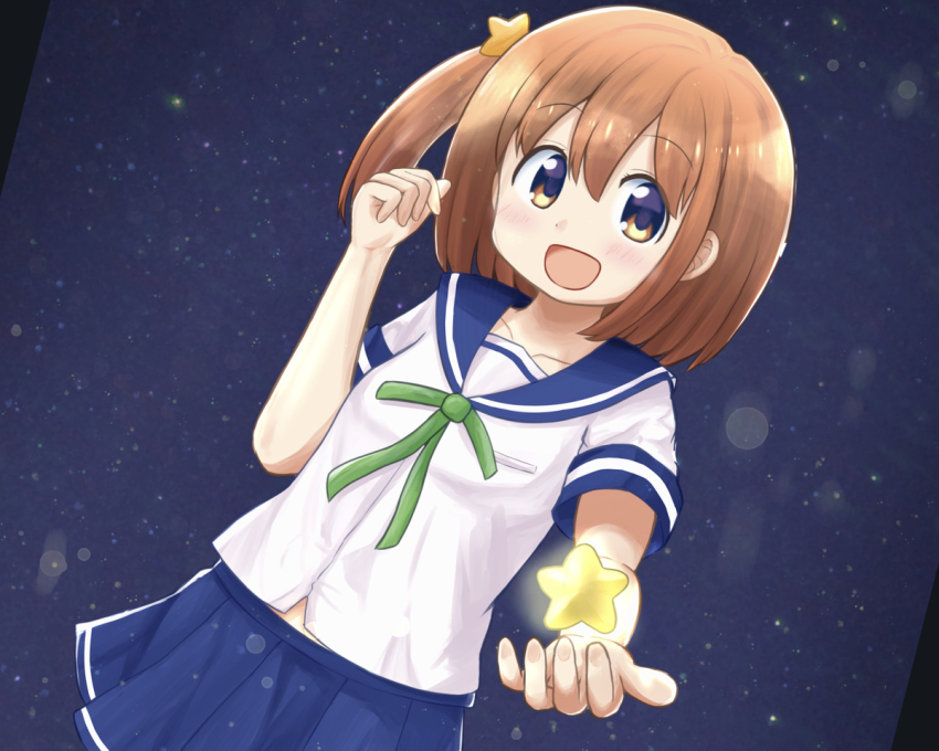 1girl blue_sailor_collar blush breasts collarbone dot_nose feet_out_of_frame female_focus hair_ornament koisuru_asteroid konohata_mira looking_at_viewer multicolored_eyes night orange_hair outdoors sailor_collar school_uniform sekahita serafuku shirt short_hair short_sleeves skirt small_breasts solo source_request standing star_(sky) star_(symbol) star_hair_ornament taka_04