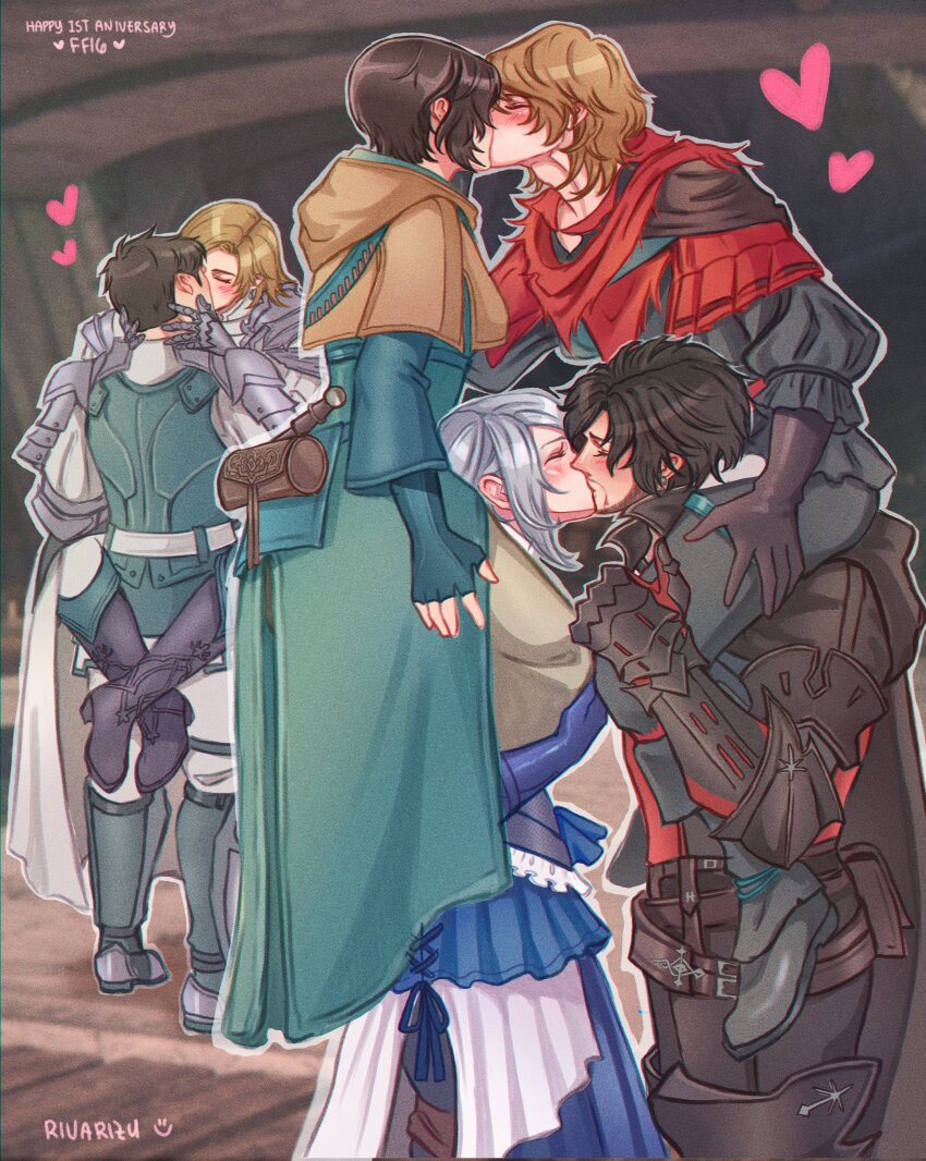 2girls 4boys absurdres armor beard black_hair blonde_hair brown_hair cape carrying carrying_person clive_rosfield closed_eyes couple dion_lesage facial_hair final_fantasy final_fantasy_xvi grey_hair heart hetero highres jill_warrick joshua_rosfield jote_(ff16) kiss leg_lock multiple_boys multiple_girls rivarizu shoulder_carry terrence_(ff16) yaoi