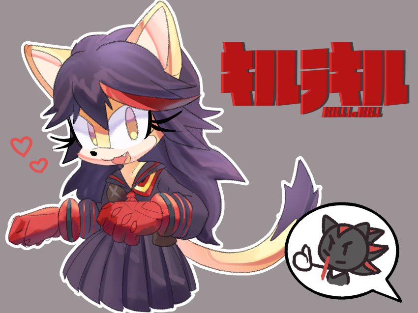 1girl animal_ears black_hair blood cat_ears cat_tail chibi chibi_inset copyright_name cosplay fang furry furry_female grey_background heart highres honey_the_cat kill_la_kill matoi_ryuuko matoi_ryuuko_(cosplay) multicolored_hair nosebleed open_mouth outline quark196 red_hair senketsu shadow_the_hedgehog sonic_(series) tail thumbs_up two-tone_hair white_outline yellow_eyes