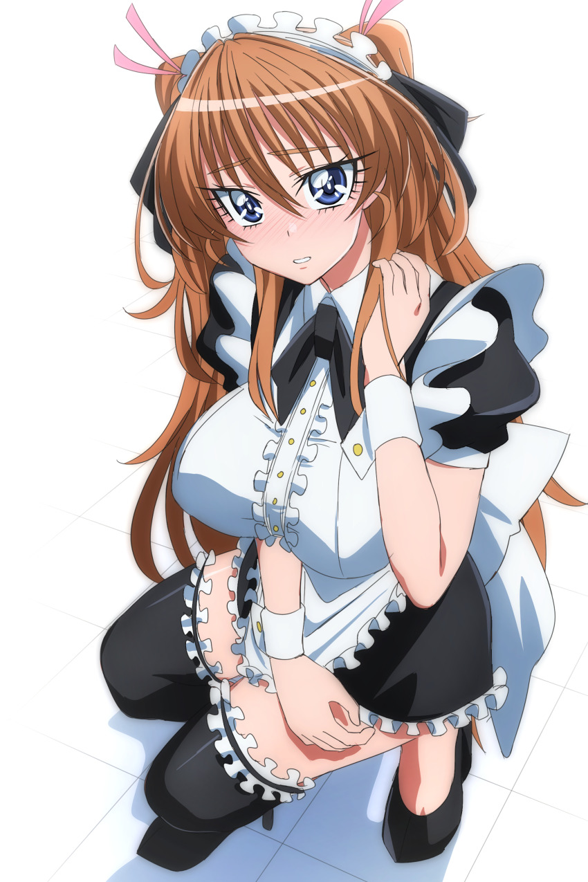 1girl apron black_footwear black_ribbon black_thighhighs blue_eyes blush boots brown_hair hair_ribbon high_heel_boots high_heels houjou_hibiki long_hair maid maid_apron maid_headdress neck_ribbon oimanji open_mouth pink_ribbon precure ribbon short_sleeves solo suite_precure thighhighs two-tone_dress two_side_up white_apron wrist_cuffs