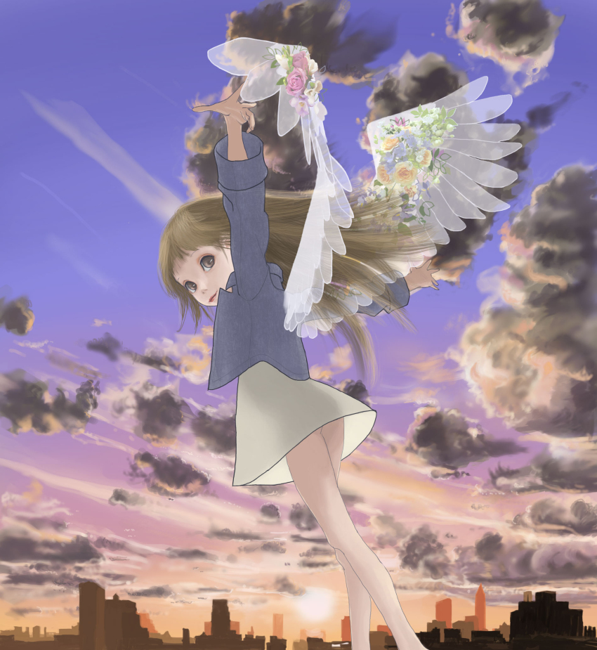 1girl brown_eyes brown_hair cityscape cloud commentary_request dreamer_tapir dress flower highres jacket long_hair looking_at_viewer looking_back original outstretched_arms see-through_silhouette sky solo spread_arms sun transparent_wings twilight wings