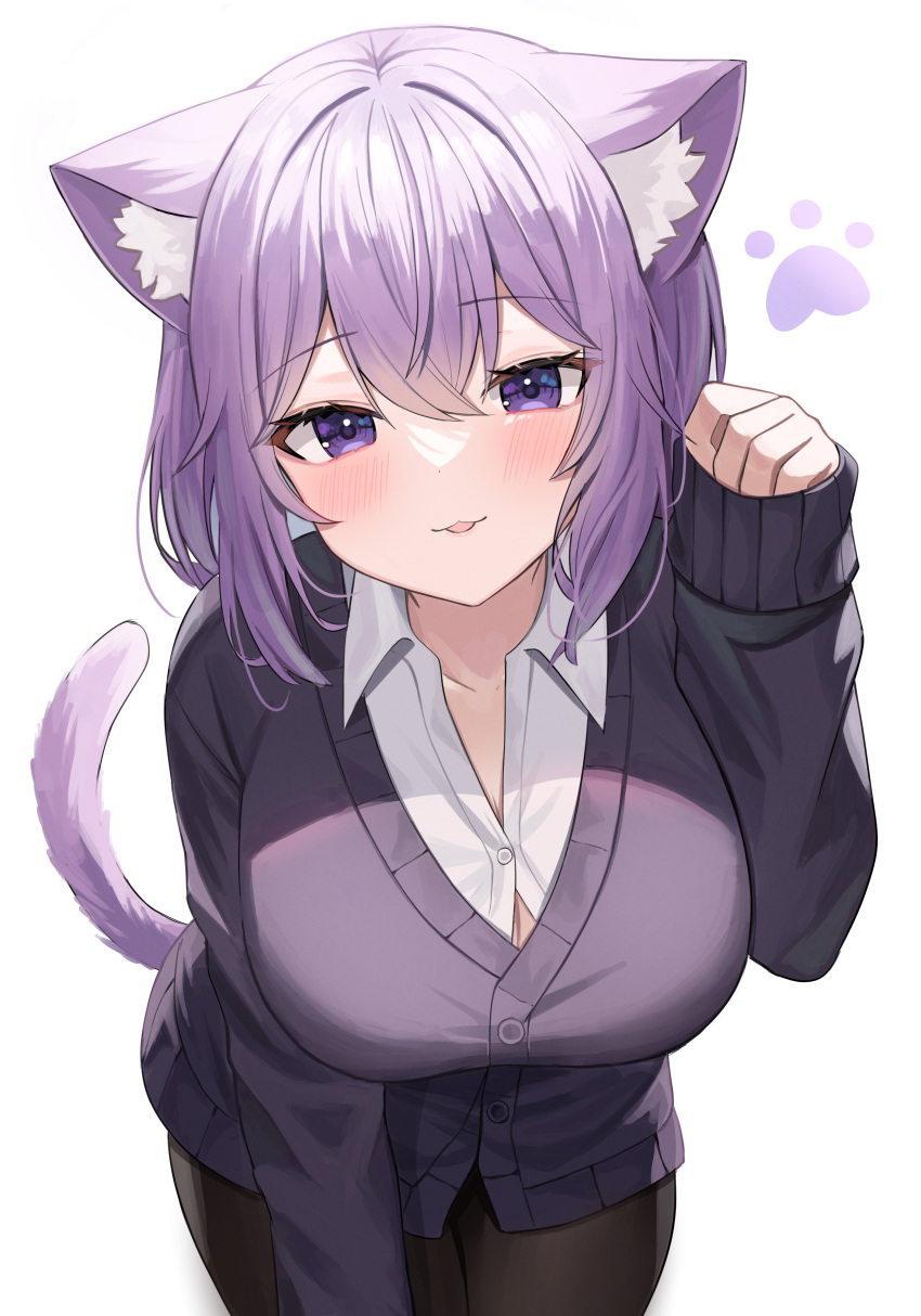 1girl absurdres animal_ears black_pantyhose breasts brown_pants button_gap cat_ears cat_girl cat_tail highres hololive large_breasts looking_at_viewer nannung nekomata_okayu nekomata_okayu_(oversized_shirt) open_mouth pants pantyhose purple_eyes purple_hair purple_vest rice_porridge shirt short_hair sidelocks simple_background smile solo standing tail uniform vest virtual_youtuber white_background white_shirt