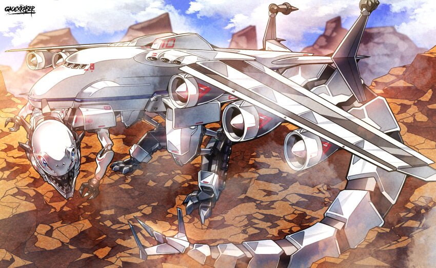 aircraft antonov_an-225 artist_name claws cloud cloudy_sky commission commissioner_upload day duel_monster gao_ex_kaiser glint highres jet_engine mecha mecha_focus mecha_phantom_beast_dracossack mountainous_horizon no_humans non-humanoid_robot robot robot_dragon signature sky standing tail wasteland yu-gi-oh!