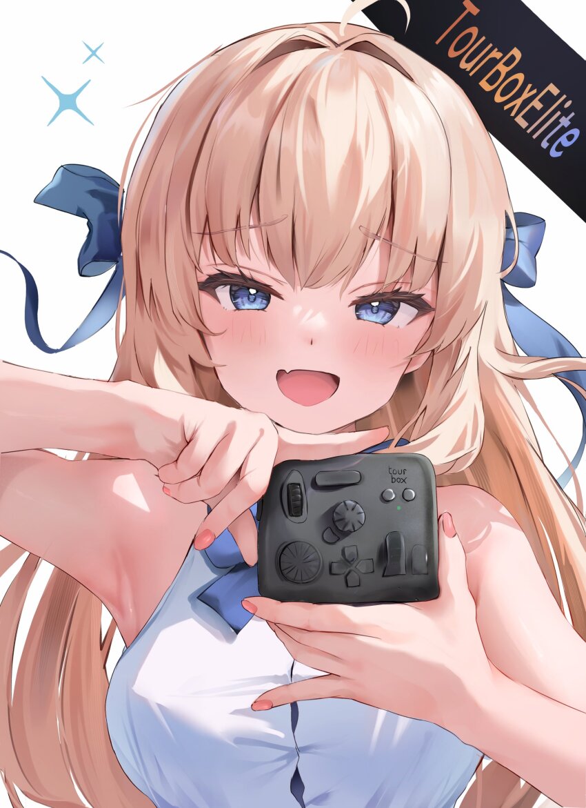 1girl absurdres armpits blonde_hair blue_eyes blue_ribbon fang highres light_blush looking_at_viewer looking_back open_mouth original ribbon shirt simple_background skin_fang sleeveless smile smug solo sparkle tourbox uechin_ewokaku white_shirt