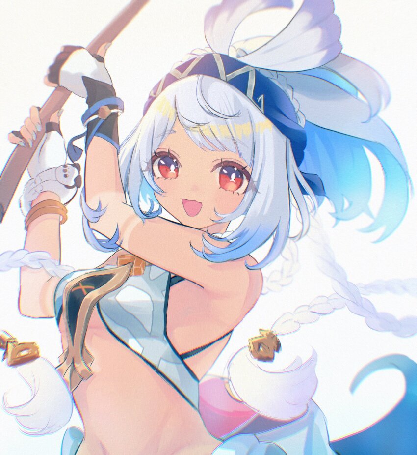 bare_shoulders blue_hair blue_headband braid breasts collar fingerless_gloves fish-shaped_pupils fishing_rod frilled_collar frills genshin_impact gloves gradient_hair headband highres light_blue_hair long_hair looking_at_viewer low_twin_braids mcmcusg mualani_(genshin_impact) multicolored_hair open_mouth ponytail short_ponytail sidelocks simple_background small_breasts smile solo tan twin_braids white_background