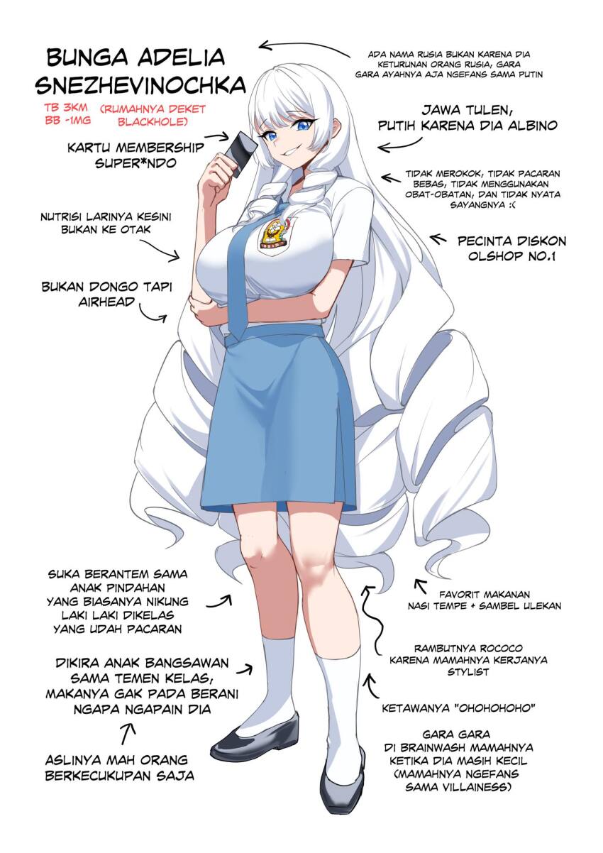 1girl arm_under_breasts arrow_(symbol) black_footwear blue_eyes blue_necktie blue_skirt breasts card character_name character_profile collared_shirt commentary_request drill_hair full_body highres holding holding_card holding_own_arm indonesian_commentary indonesian_text kneehighs large_breasts long_hair looking_at_viewer mile necktie original ryo_(ryo_artys) school_uniform shirt short_sleeves sidelocks simple_background skirt socks solo standing swept_bangs translation_request very_long_hair white_background white_hair white_shirt white_socks