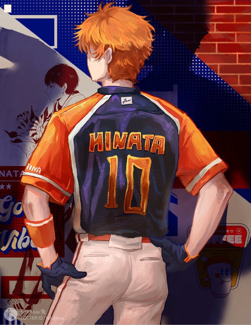 1boy ass baseball_uniform belt black_gloves black_shirt brick_wall commentary cowboy_shot food from_behind fruit gloves haikyuu!! hands_on_own_hips hashtag-only_commentary highres hinata_shouyou kageyama_tobio lofter_logo lofter_username male_focus orange_(fruit) orange_belt orange_hair orange_slice orange_wristband pants pocket poster_(object) shadow shirt short_hair short_sleeves solo sportswear tuuuuuututu white_pants