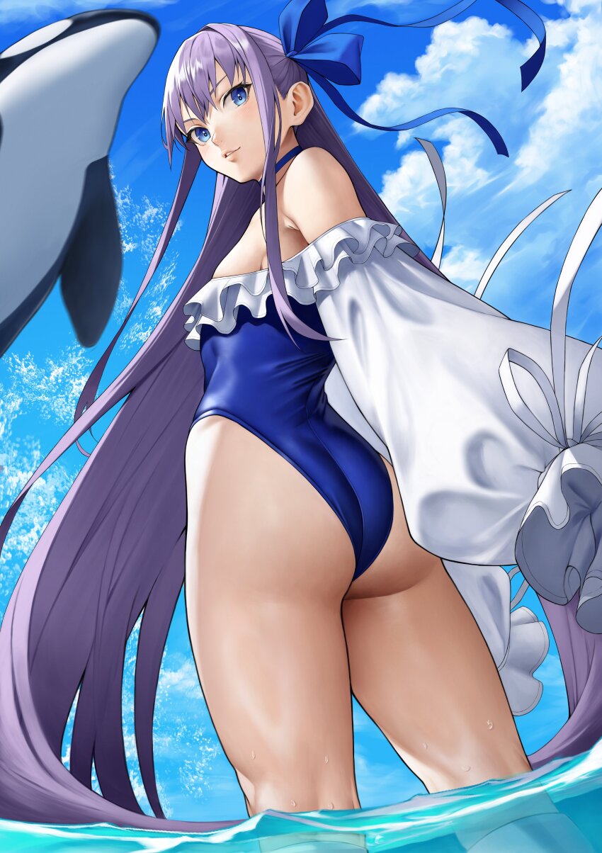 1girl absurdres ass back bare_shoulders blue_eyes blue_ribbon blue_sky breasts choker closed_mouth fate/grand_order fate_(series) frilled_one-piece_swimsuit frills hair_ribbon highleg highleg_one-piece_swimsuit highres long_hair long_sleeves looking_back meltryllis meltryllis_(fate) meltryllis_(swimsuit_lancer)_(fate) meltryllis_(swimsuit_lancer)_(second_ascension)_(fate) off-shoulder_one-piece_swimsuit off_shoulder one-piece_swimsuit orca puffy_sleeves purple_hair revision ribbon sky sleeves_past_fingers sleeves_past_wrists small_breasts swimsuit thighs very_long_hair wading white_ribbon yoshio_(55level)