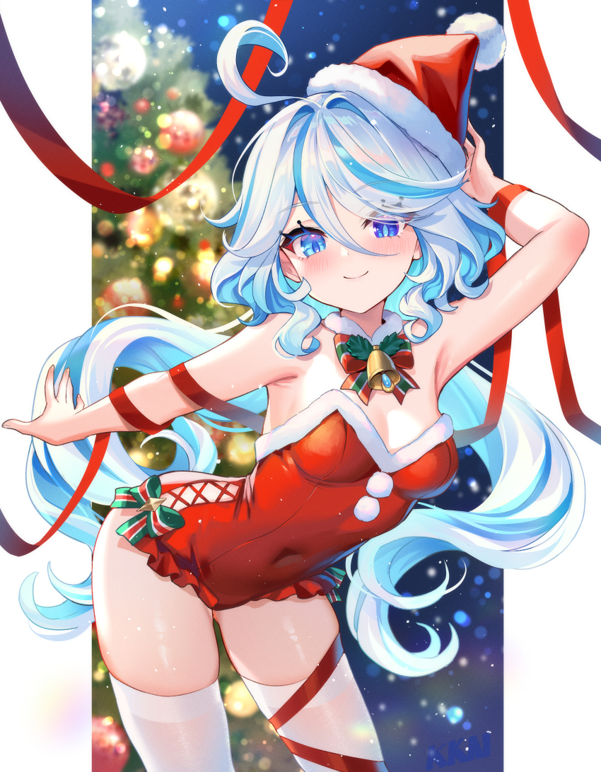 1girl absurdres ahoge alternate_costume arm_up armpits bell blue_eyes blue_hair blue_pupils blurry blurry_background blush border bow bowtie breasts christmas cleavage closed_mouth covered_navel drop-shaped_pupils floating_hair furina_(genshin_impact) genshin_impact hair_between_eyes hat heterochromia highres lalazyt leaning_forward leotard light_blue_hair long_hair looking_at_viewer medium_breasts multicolored_hair neck_bell pom_pom_(clothes) red_hat red_leotard red_ribbon ribbon santa_costume santa_hat smile solo streaked_hair striped_bow striped_bowtie striped_clothes symbol-shaped_pupils thighhighs white_border white_hair white_thighhighs