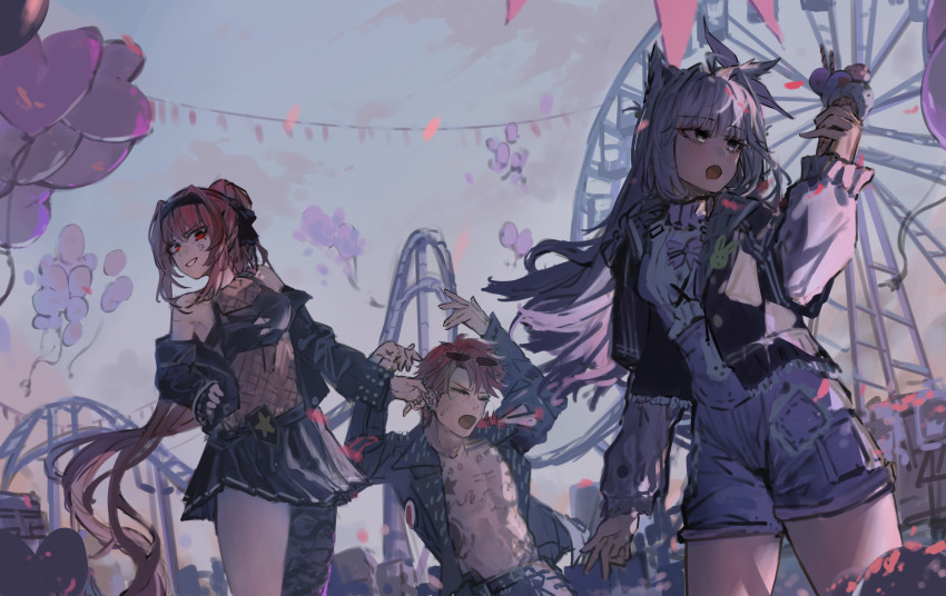 1boy 2girls absurdres ahoge animal_ears black_jacket black_skirt chest_tattoo denim denim_shorts eyewear_on_head fishnets grey_hair hair_intakes hairband highres holding holding_ice_cream_cone ian46166491 ice_cream_cone jacket long_hair luna_park mechanical_ears multiple_girls no._21:_feral_scent_(pgr) no._21_(pgr) noctis_(pgr) off_shoulder open_clothes open_jacket pinching pleated_skirt ponytail punishing:_gray_raven red_eyes red_hair short_hair shorts sidelocks skirt sunglasses sweater tattoo vera:_garnet_(pgr) vera_(pgr) very_long_hair wolf_ears