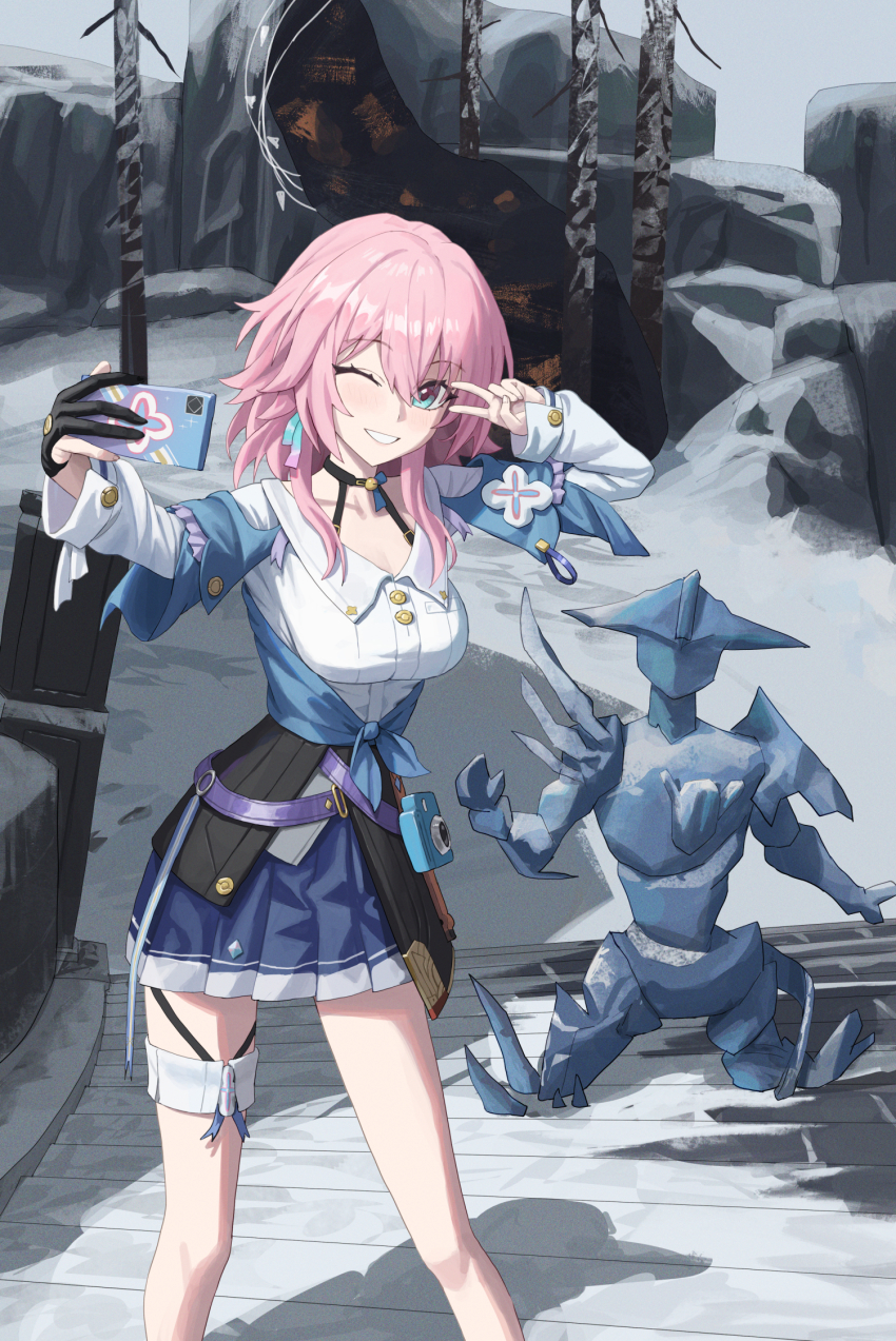 1girl archery_shooting_glove black_choker black_gloves blue_eyes blue_jacket blue_skirt breasts camera cellphone choker cloud cloudy_sky commentary_request feet_out_of_frame gloves grin hair_between_eyes hand_up highres holding holding_phone honkai:_star_rail honkai_(series) ice_sculpture in-universe_location jacket large_breasts llami_0 long_sleeves looking_at_viewer march_7th_(honkai:_star_rail) march_7th_(preservation)_(honkai:_star_rail) medium_hair mixed-language_commentary one_eye_closed outdoors partial_commentary partially_fingerless_gloves phone pink_hair pleated_skirt selfie shirt single_glove skirt sky smartphone smile snow solo stairs taking_picture tied_jacket v white_shirt