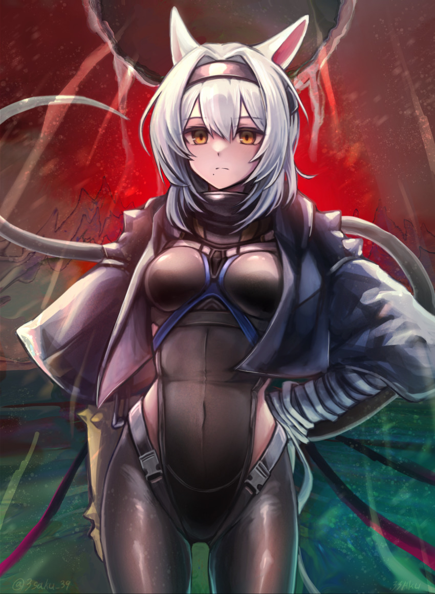 1girl 3_(sanyako1) animal_ears arknights black_hairband black_jacket black_pantyhose black_shirt breasts cowboy_shot gloves grey_hair hair_between_eyes hair_intakes hairband hand_on_own_hip highres jacket long_sleeves looking_at_viewer mouse_ears mouse_girl mouse_tail official_alternate_costume open_clothes open_jacket orange_eyes pantyhose scavenger_(arknights) scavenger_(survive)_(arknights) shirt short_hair small_breasts solo tail thigh_gap waist_cutout yellow_gloves