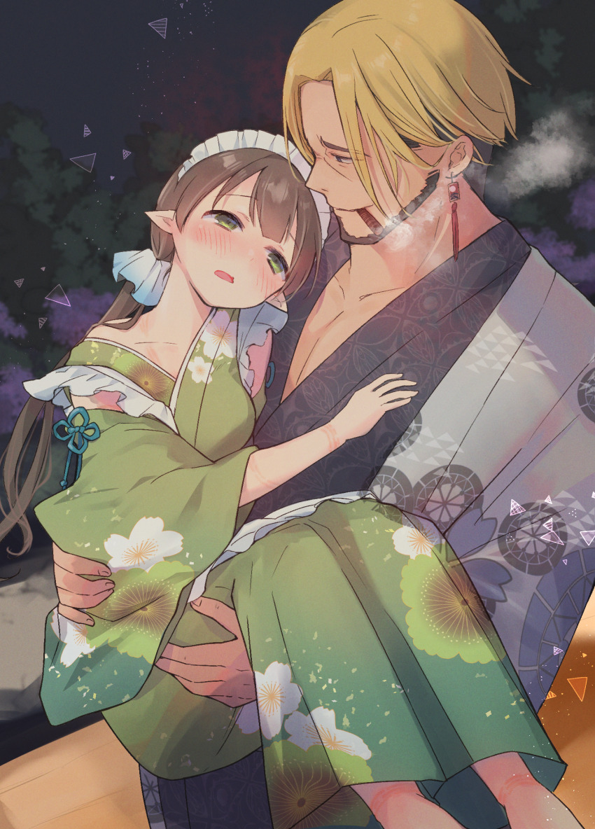 1boy 1girl ayumi_(princess_connect!) beard blonde_hair blush brown_hair carrying cigar clothing_cutout collarbone commentary_request couple earrings facial_hair floral_print green_eyes green_kimono grey_kimono gucchiann hand_on_another&#039;s_chest hetero highres japanese_clothes jewelry kimono long_hair looking_at_another maid_headdress off_shoulder open_mouth princess_carry princess_connect! short_hair shoulder_cutout size_difference twintails wavy_mouth