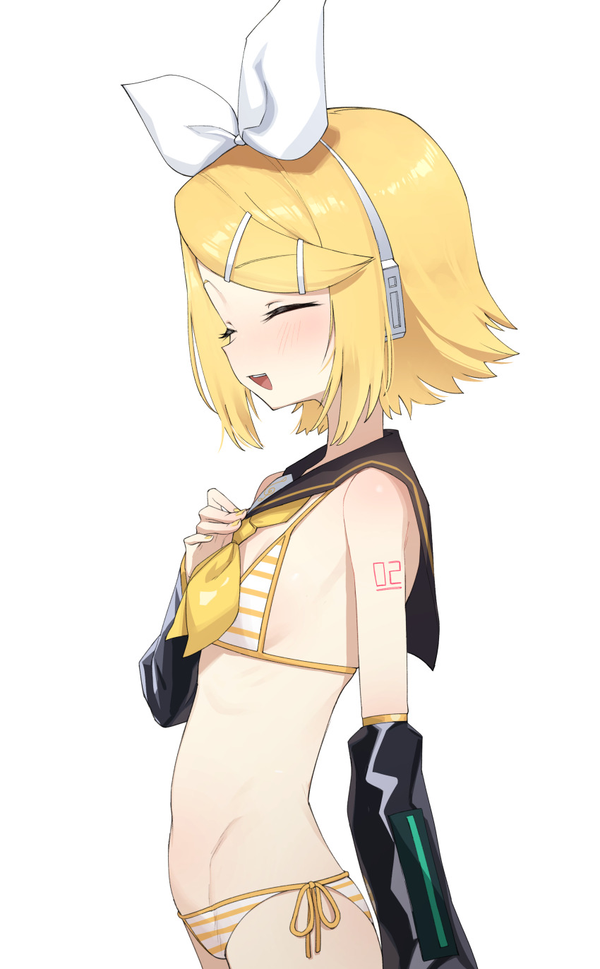 1girl absurdres bikini black_sleeves blonde_hair blush bongnom breasts closed_eyes detached_sleeves hair_ornament hairband hairclip headphones headset highres kagamine_rin neckerchief number_tattoo open_mouth short_hair simple_background small_breasts smile solo striped_bikini striped_clothes swimsuit tattoo vocaloid white_background yellow_neckerchief