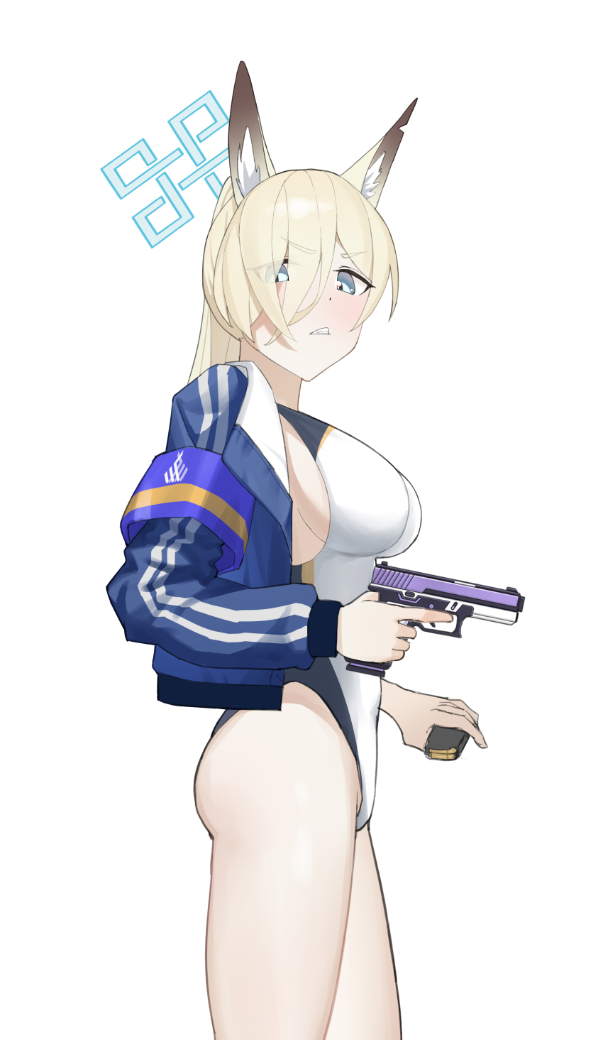 absurdres animal_ear_fluff animal_ears armband blonde_hair blue_archive blue_eyes blue_halo blue_jacket blush breasts competition_swimsuit dog_ears embarrassed frown furrowed_brow glock grimace gun halo handgun high_ponytail highleg highres holding holding_gun holding_magazine_(weapon) holding_weapon jacket kanna_(blue_archive) kanna_(swimsuit)_(blue_archive) large_breasts leotard li_yu_liyu looking_at_viewer looking_down magazine_(weapon) one-piece_swimsuit open_clothes open_jacket ponytail sharp_teeth sideboob striped_clothes striped_jacket swimsuit teeth thighs trigger_discipline vertical-striped_clothes vertical-striped_jacket weapon white_background