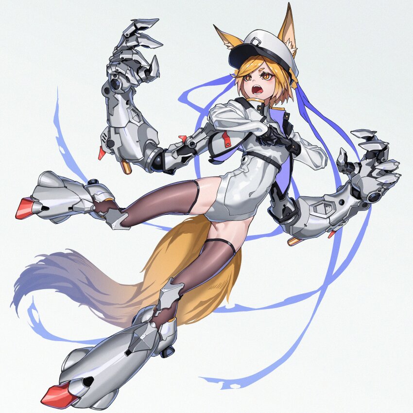 1girl absurdres animal_ear_fluff animal_ears black_gloves blonde_hair commission covered_navel crop_top extra_arms fist_in_hand fox_ears fox_girl fox_tail gloves grey_background hat highres leotard marui_(fxxstate_ofmind) mechanical_arms open_mouth original oversized_forearms oversized_limbs peaked_cap short_hair skeb_commission solo tail thighhighs very_short_hair white_leotard yellow_eyes