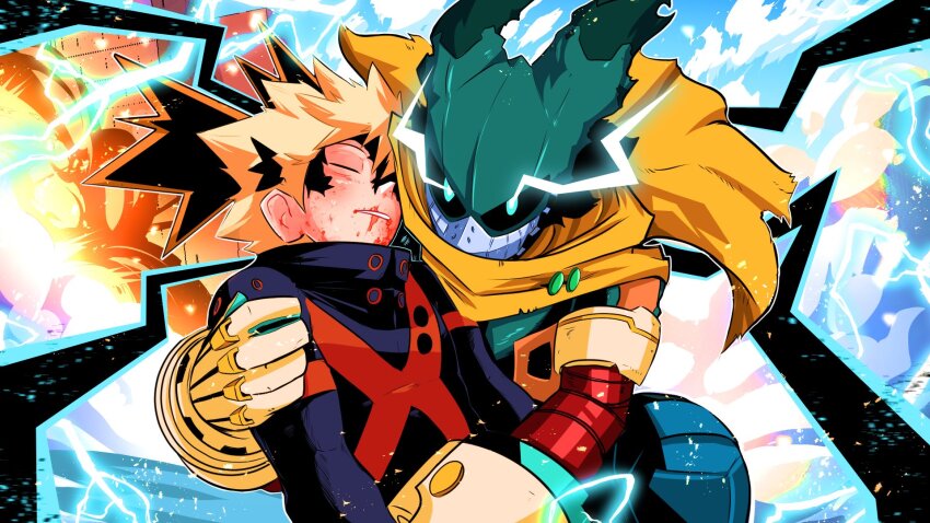 2boys bakugou_katsuki black_mask black_whip_(boku_no_hero_academia) blonde_hair blood blood_from_mouth blood_on_face blue_eyes blush bodysuit boku_no_hero_academia bright_pupils cape carrying carrying_corpse carrying_person clip_studio_paint_(medium) closed_eyes commentary commission corpse covered_face death electricity english_commentary eye_mask eye_trail eyes_in_shadow floating_cape green_bodysuit green_mask high_collar highres hug leaning_on_person light_trail looking_at_viewer male_focus mask masked midoriya_izuku mouth_mask multiple_boys outline short_hair single_vertical_stripe smoke sonchapo spiked_hair tendril torn_cape torn_clothes torn_mask two-tone_bodysuit upper_body white_outline white_pupils x yellow_cape