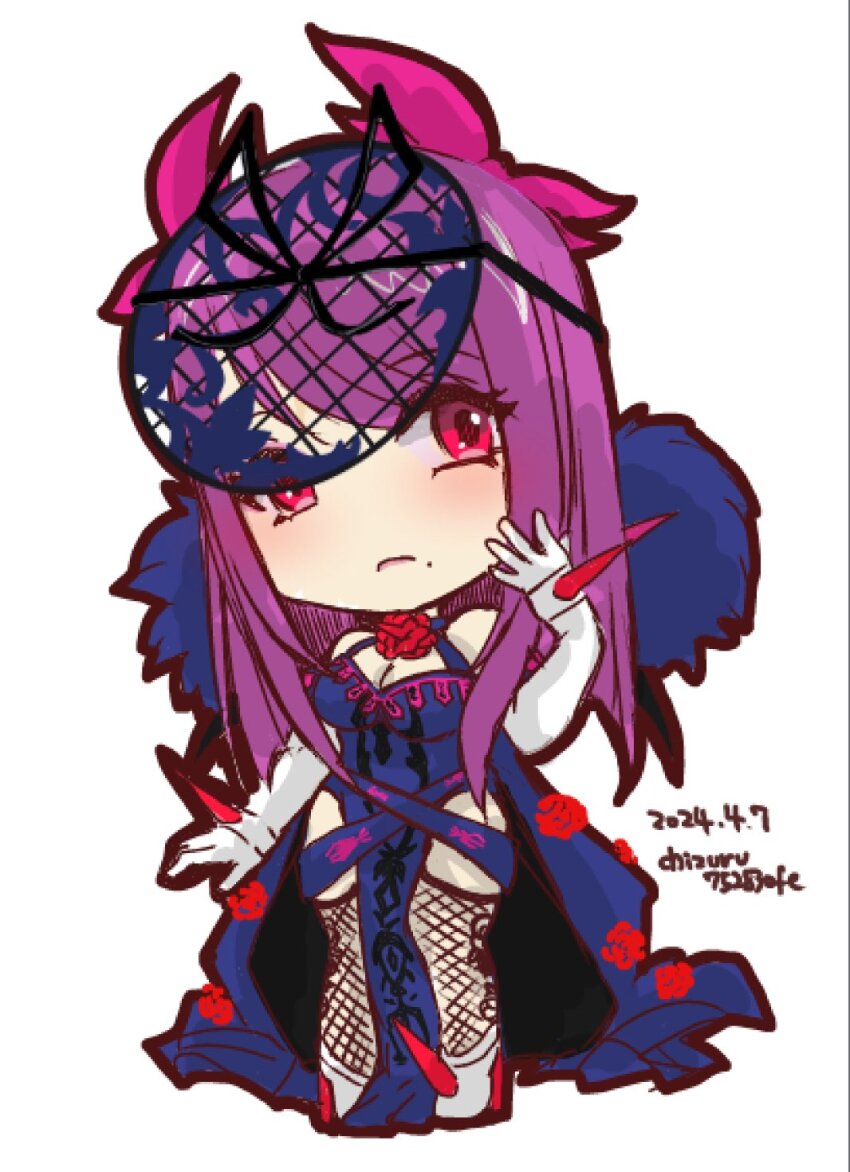 1girl chibi chizuru752830fe fascinator fire_emblem fire_emblem_engage fishnet_thighhighs fishnets flower flower_brooch highres ivy_(fire_emblem) mole mole_under_mouth nintendo purple_hair rose see-through_clothes see-through_headwear solo spiked thighhighs thorn_print